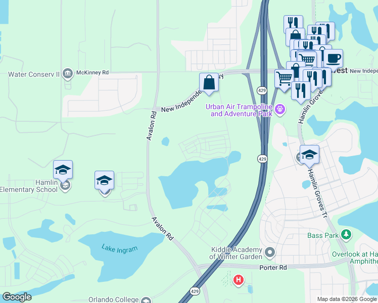 map of restaurants, bars, coffee shops, grocery stores, and more near 6603 Avalon Road in Winter Garden
