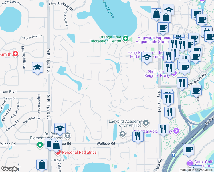 map of restaurants, bars, coffee shops, grocery stores, and more near 7423 Elsworth Court in Orlando