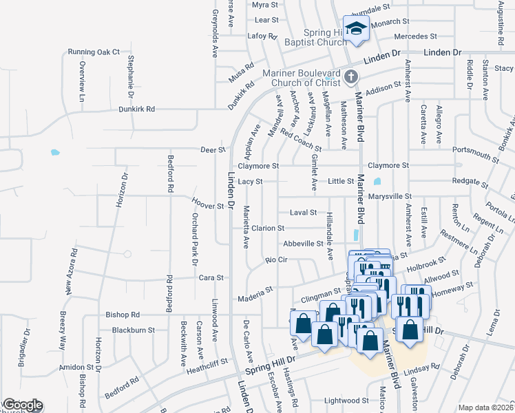 map of restaurants, bars, coffee shops, grocery stores, and more near 2305 Evangelina Avenue in Spring Hill
