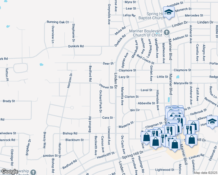 map of restaurants, bars, coffee shops, grocery stores, and more near Holston Avenue in Spring Hill