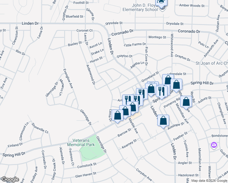 map of restaurants, bars, coffee shops, grocery stores, and more near 12382 Fish Cove Drive in Spring Hill