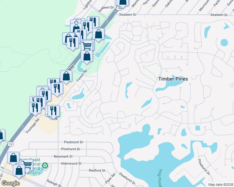 map of restaurants, bars, coffee shops, grocery stores, and more near 2323 Westchester Boulevard in Spring Hill