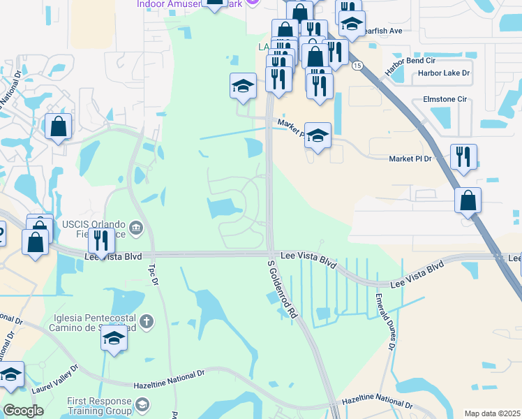 map of restaurants, bars, coffee shops, grocery stores, and more near 6534 South Goldenrod Road in Orlando