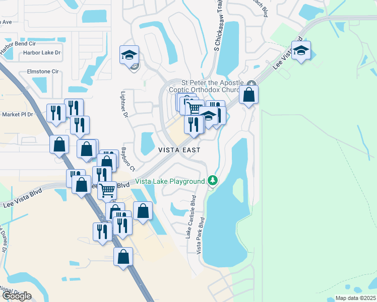 map of restaurants, bars, coffee shops, grocery stores, and more near 8600 Lee Vista Boulevard in Orlando