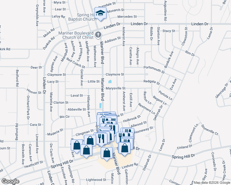 map of restaurants, bars, coffee shops, grocery stores, and more near 2309 Lake Forest Avenue in Spring Hill