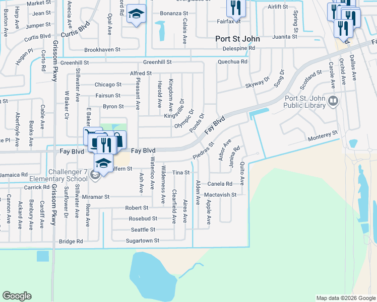 map of restaurants, bars, coffee shops, grocery stores, and more near 4455 Fay Boulevard in Cocoa