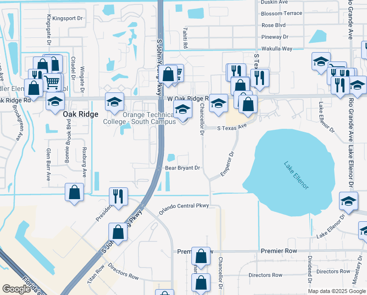 map of restaurants, bars, coffee shops, grocery stores, and more near 2900 West Oak Ridge Road in Orlando