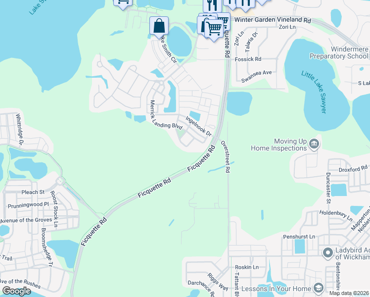 map of restaurants, bars, coffee shops, grocery stores, and more near 6740 Bridgewater Village Road in Windermere