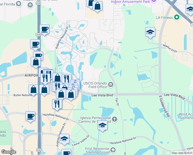 map of restaurants, bars, coffee shops, grocery stores, and more near 6596 Swissco Drive in Orlando