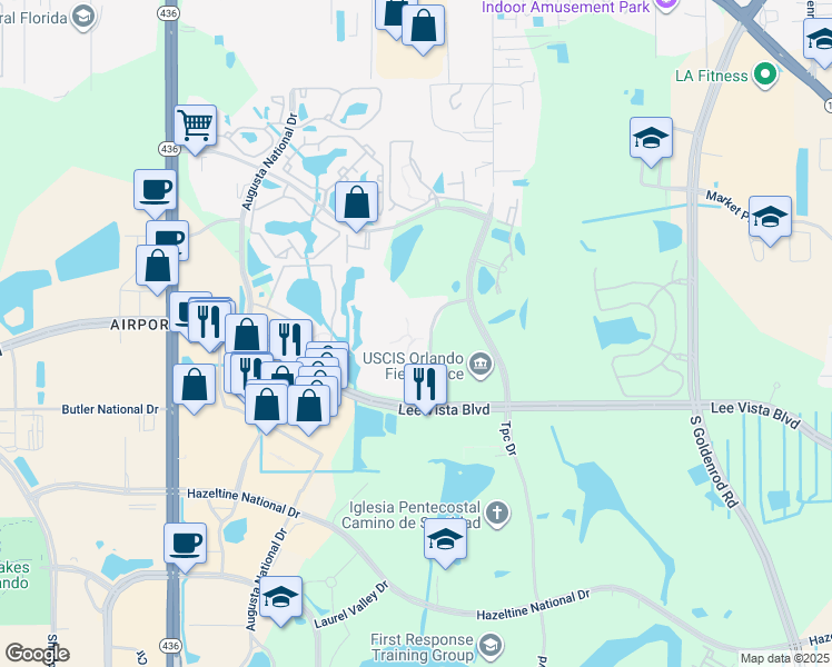 map of restaurants, bars, coffee shops, grocery stores, and more near 6596 Swissco Drive in Orlando