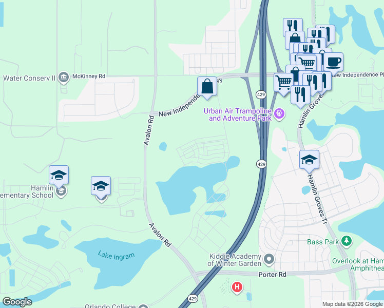 map of restaurants, bars, coffee shops, grocery stores, and more near 6603 Avalon Road in Winter Garden
