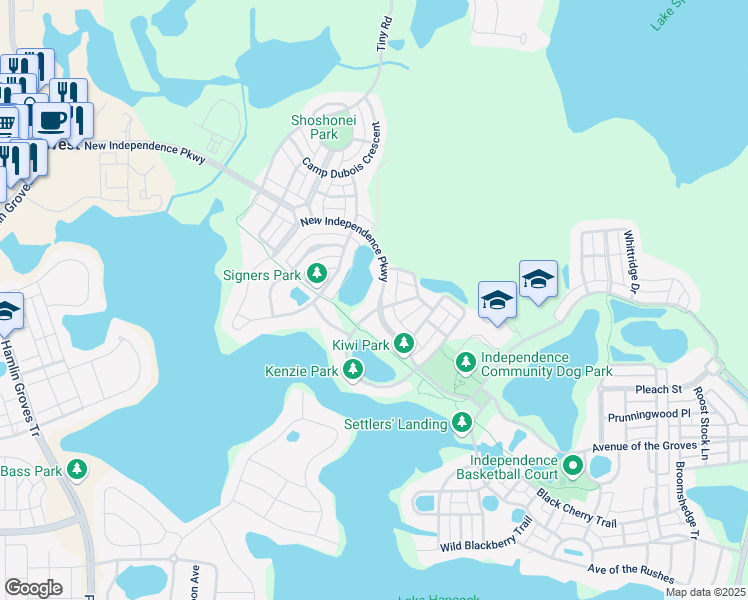 map of restaurants, bars, coffee shops, grocery stores, and more near 5674 New Independence Parkway in Winter Garden