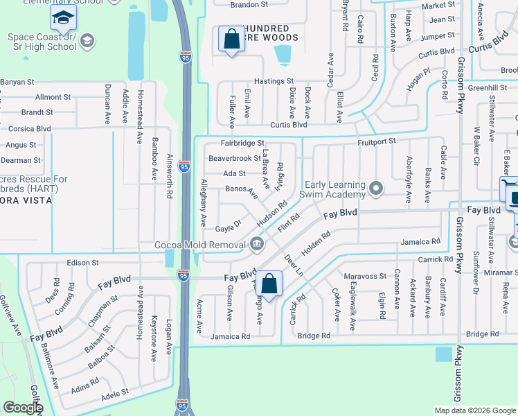 map of restaurants, bars, coffee shops, grocery stores, and more near 6297 Deer Lane in Cocoa