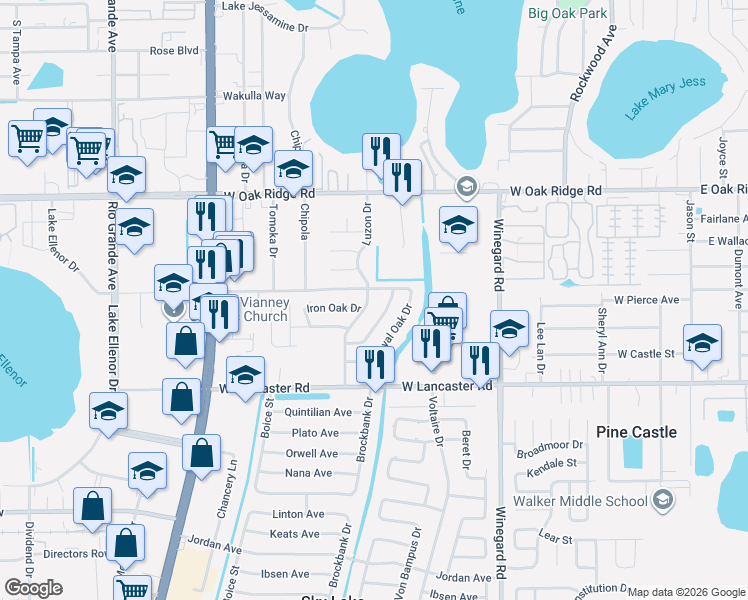 map of restaurants, bars, coffee shops, grocery stores, and more near 831 Iron Oak Drive in Orlando