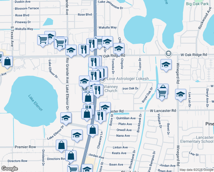 map of restaurants, bars, coffee shops, grocery stores, and more near 6224 Willow Oak Lane in Orlando