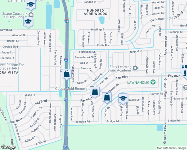 map of restaurants, bars, coffee shops, grocery stores, and more near 5617 Banos Avenue in Cocoa