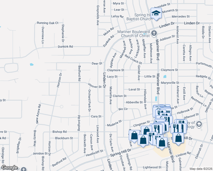 map of restaurants, bars, coffee shops, grocery stores, and more near 12034 Linden Drive in Spring Hill