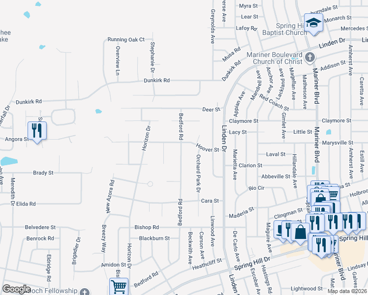map of restaurants, bars, coffee shops, grocery stores, and more near 10232 Hoover Street in Spring Hill