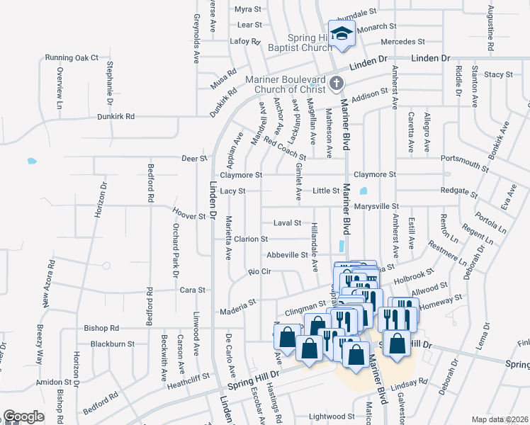 map of restaurants, bars, coffee shops, grocery stores, and more near 2320 Anchor Avenue in Spring Hill