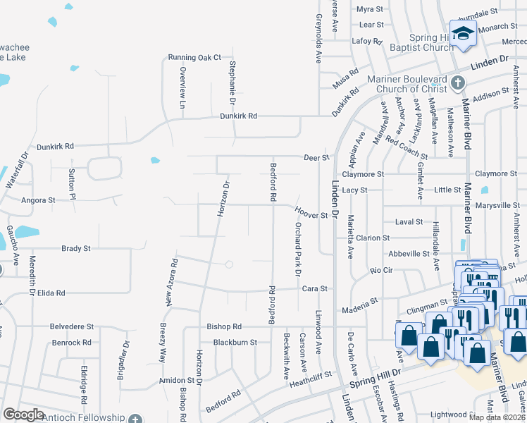 map of restaurants, bars, coffee shops, grocery stores, and more near 10232 Hoover Street in Spring Hill