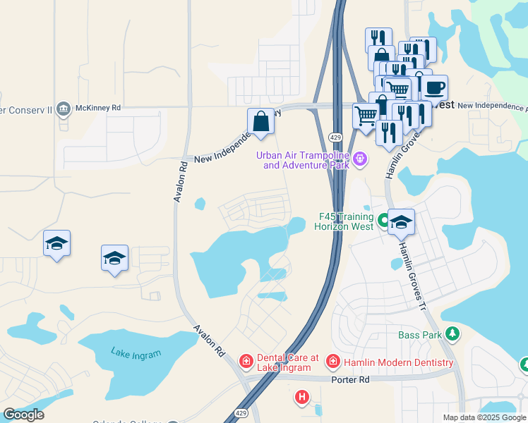 map of restaurants, bars, coffee shops, grocery stores, and more near 6603 Avalon Road in Winter Garden