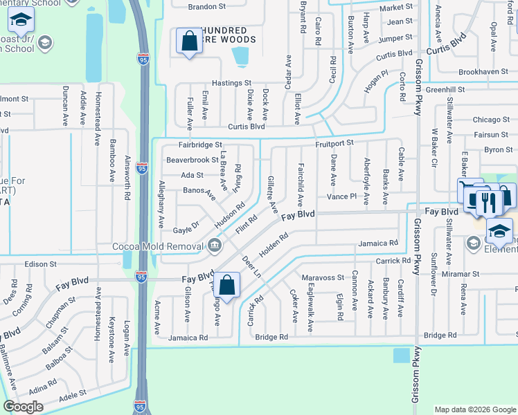 map of restaurants, bars, coffee shops, grocery stores, and more near 5520 Flint Road in Cocoa