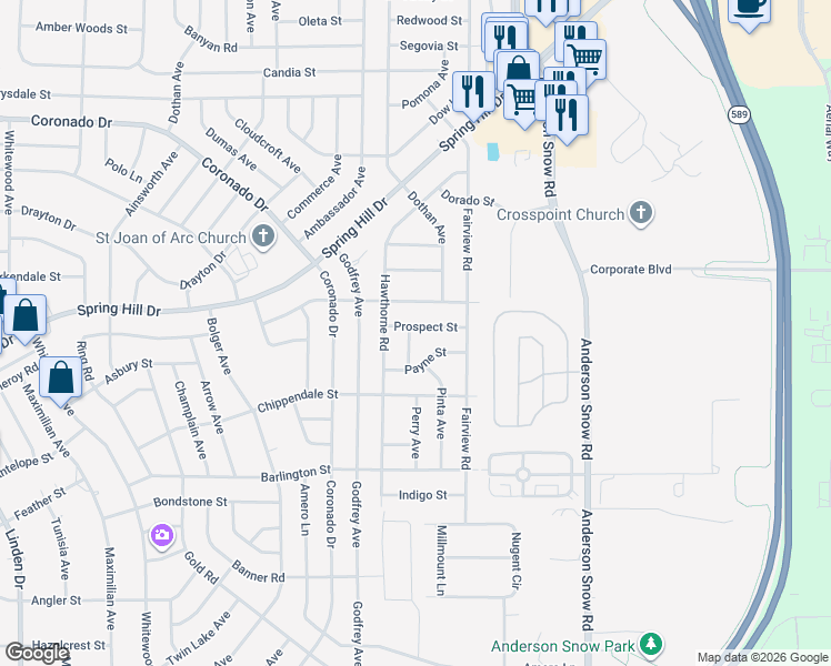 map of restaurants, bars, coffee shops, grocery stores, and more near 14150 Prospect Street in Spring Hill