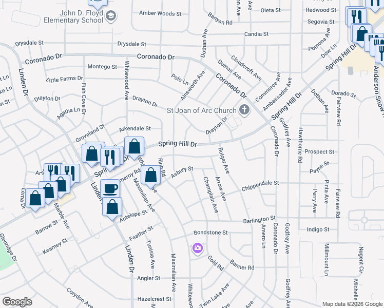 map of restaurants, bars, coffee shops, grocery stores, and more near 2416 Ring Road in Spring Hill