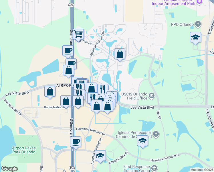 map of restaurants, bars, coffee shops, grocery stores, and more near 5921 Lee Vista Boulevard in Orlando