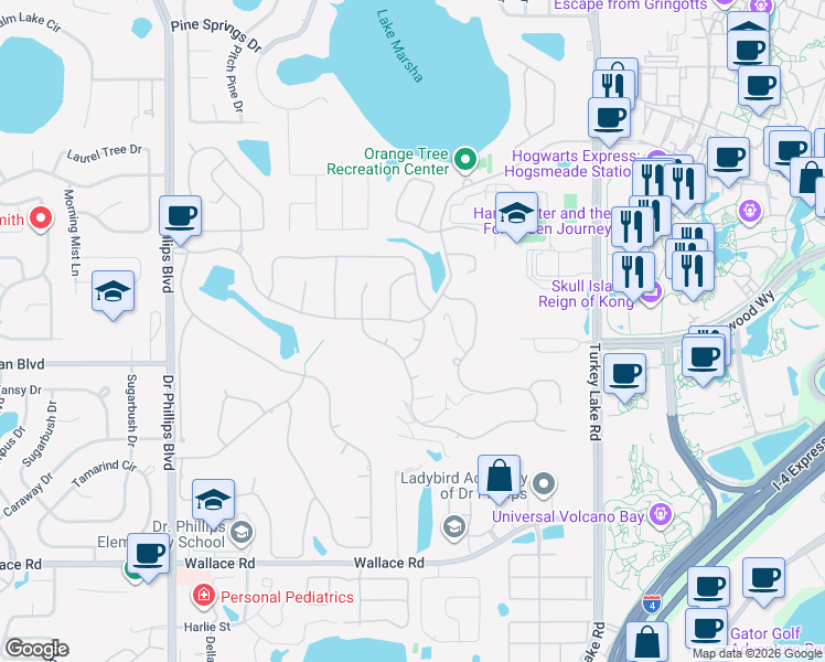 map of restaurants, bars, coffee shops, grocery stores, and more near 6433 Wellington Drive in Orlando