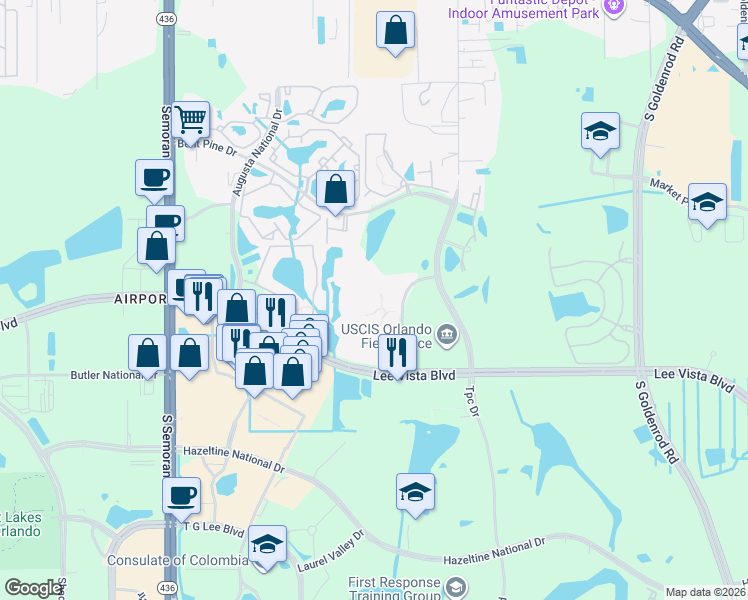 map of restaurants, bars, coffee shops, grocery stores, and more near 6536 Swissco Drive in Orlando