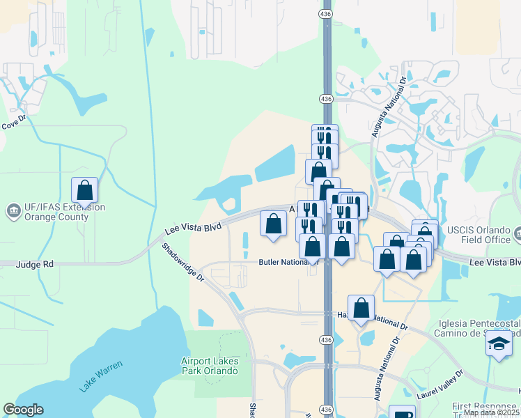 map of restaurants, bars, coffee shops, grocery stores, and more near 5461 Lee Vista Boulevard in Orlando