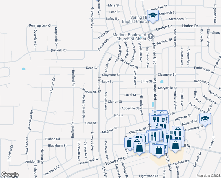 map of restaurants, bars, coffee shops, grocery stores, and more near 2305 Evangelina Avenue in Spring Hill