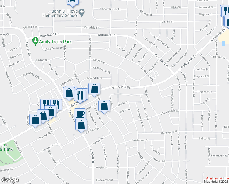 map of restaurants, bars, coffee shops, grocery stores, and more near 2355 Ring Road in Spring Hill