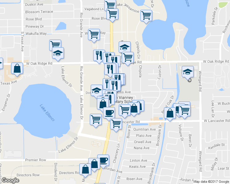 map of restaurants, bars, coffee shops, grocery stores, and more near 1179 Doss Avenue in Orlando