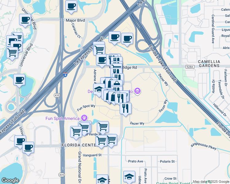map of restaurants, bars, coffee shops, grocery stores, and more near 5497 Altamira Drive in Orlando