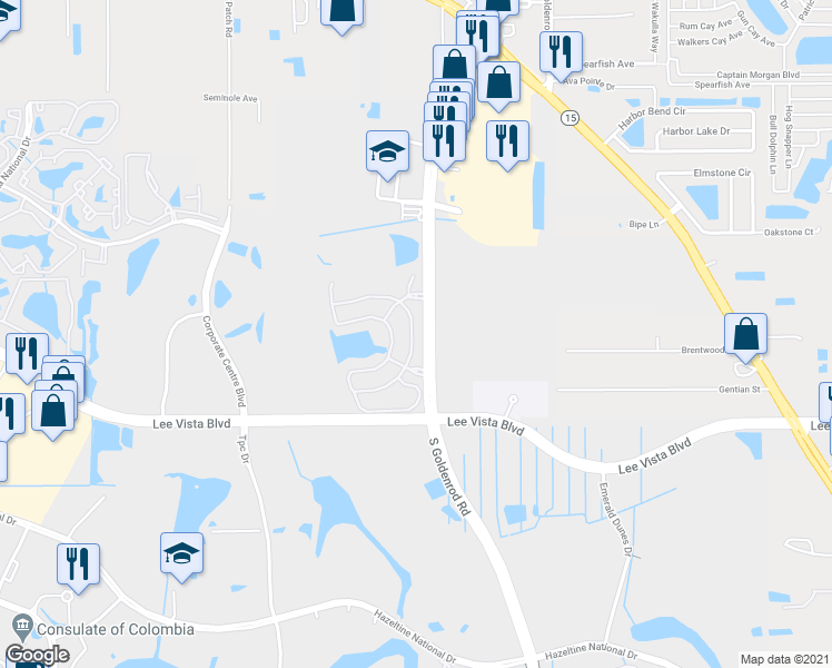 map of restaurants, bars, coffee shops, grocery stores, and more near 6534 South Goldenrod Road in Orlando
