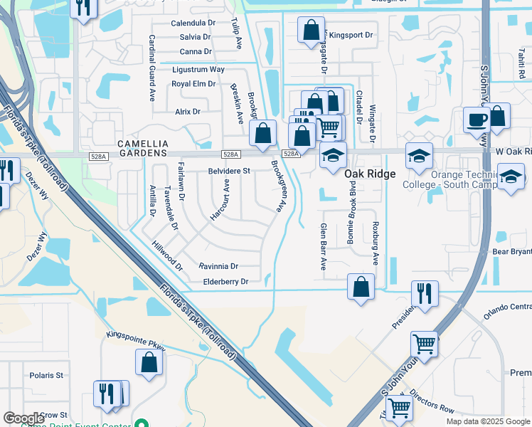 map of restaurants, bars, coffee shops, grocery stores, and more near 4301 Walbridge Street in Orlando