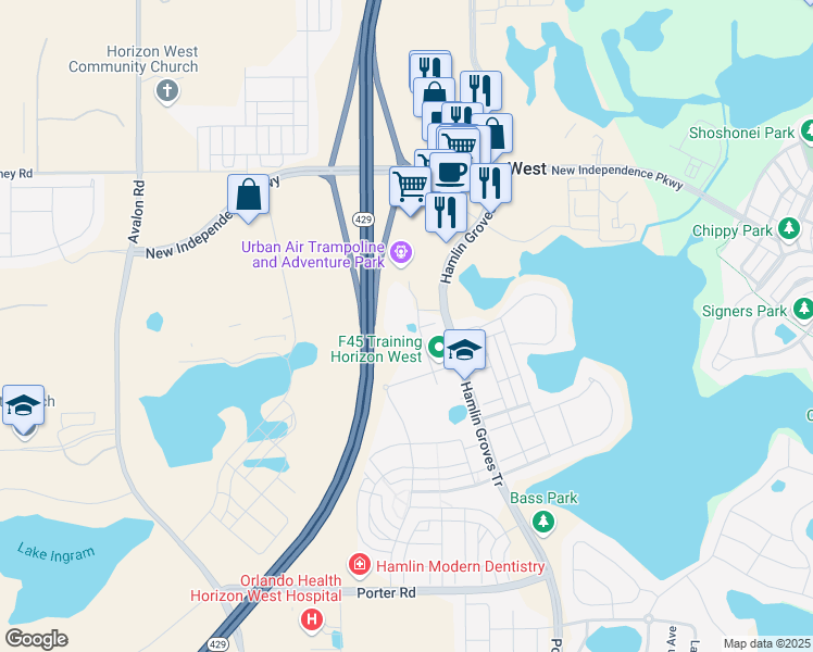 map of restaurants, bars, coffee shops, grocery stores, and more near 5300 Hamlin Groves Trail in Winter Garden