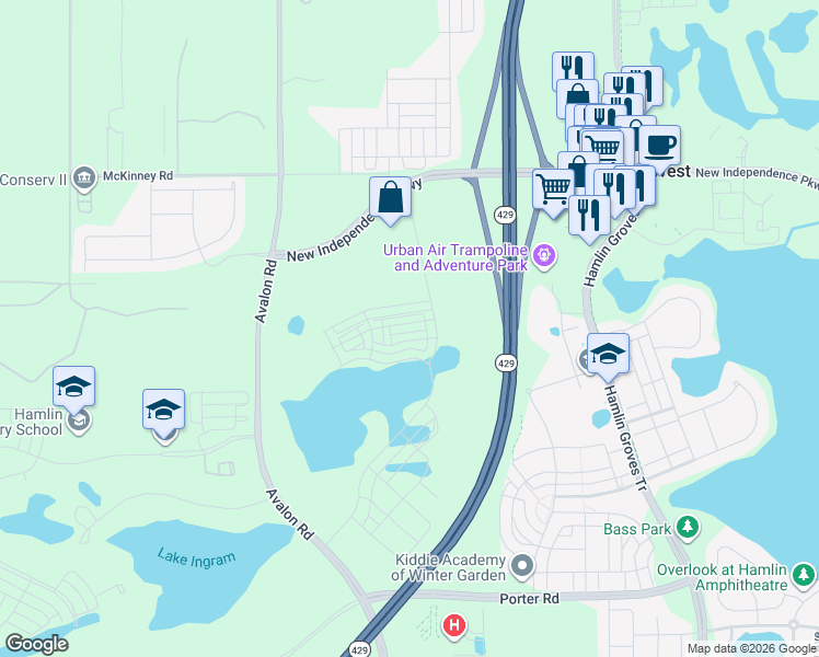 map of restaurants, bars, coffee shops, grocery stores, and more near 6603 Avalon Road in Winter Garden