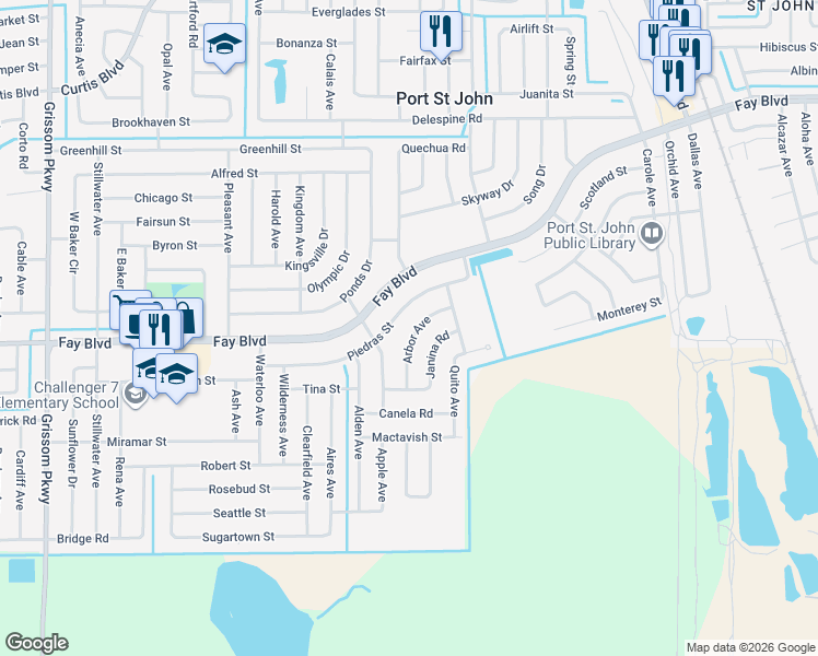 map of restaurants, bars, coffee shops, grocery stores, and more near 6273 Arbor Avenue in Cocoa