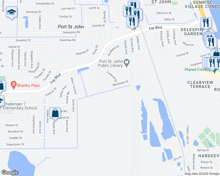 map of restaurants, bars, coffee shops, grocery stores, and more near 3965 Monterey Street in Cocoa