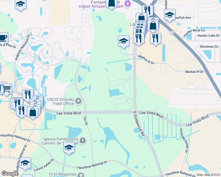map of restaurants, bars, coffee shops, grocery stores, and more near 6460 South Goldenrod Road in Orlando
