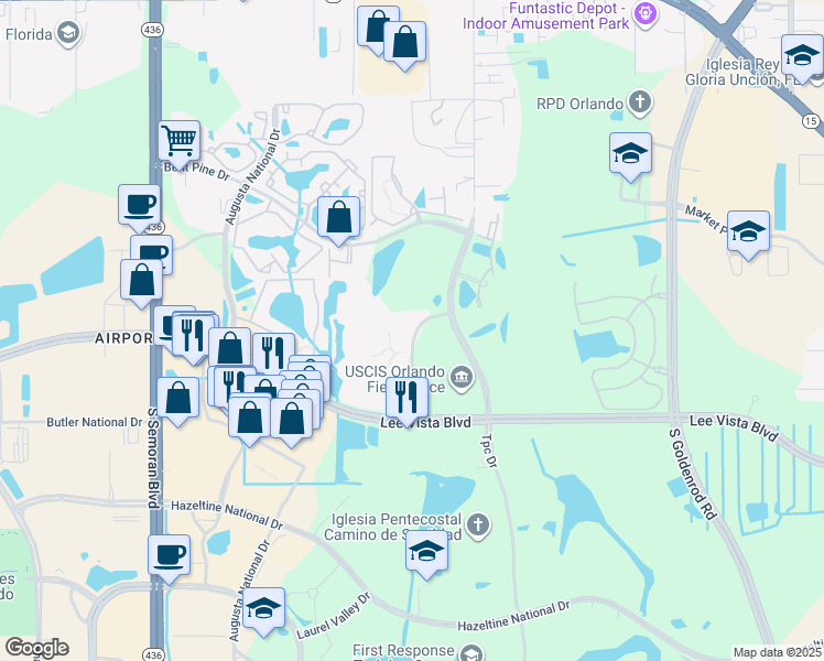 map of restaurants, bars, coffee shops, grocery stores, and more near 6596 Swissco Drive in Orlando