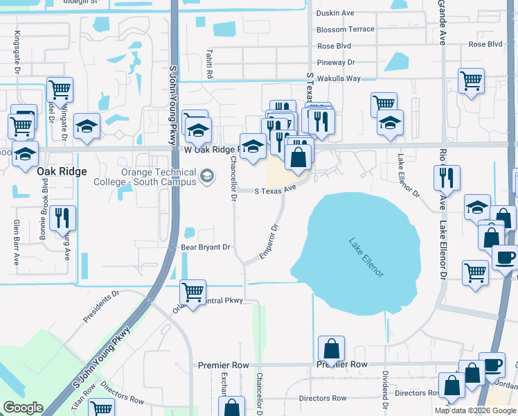 map of restaurants, bars, coffee shops, grocery stores, and more near 6149 Chancellor Drive in Orlando