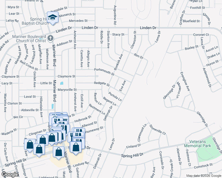map of restaurants, bars, coffee shops, grocery stores, and more near 11379 Portola Lane in Spring Hill