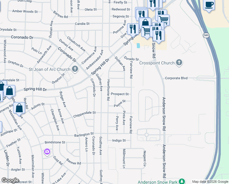 map of restaurants, bars, coffee shops, grocery stores, and more near 2298 Euclid Avenue in Spring Hill