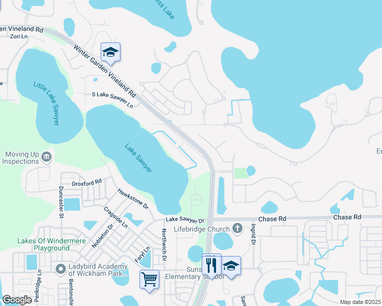 map of restaurants, bars, coffee shops, grocery stores, and more near 6632 Sawyer Shores Lane in Windermere