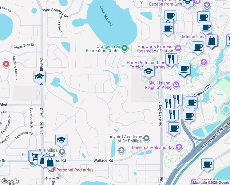 map of restaurants, bars, coffee shops, grocery stores, and more near 6433 Wellington Drive in Orlando
