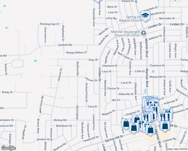 map of restaurants, bars, coffee shops, grocery stores, and more near Holston Avenue in Spring Hill